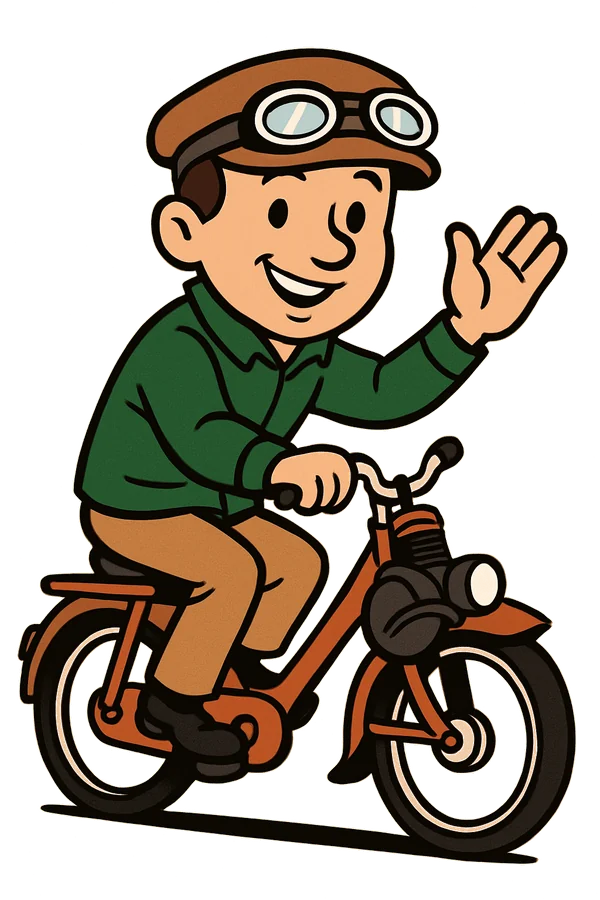 Cycliste vintage en casquette et lunettes d'aviateur, saluant depuis son Solex
